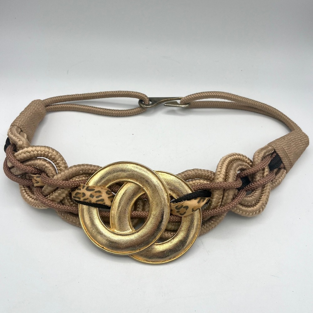 Vintage Braided Rope Belt Gold Tone Interlocking Rings Leopard Print Small
